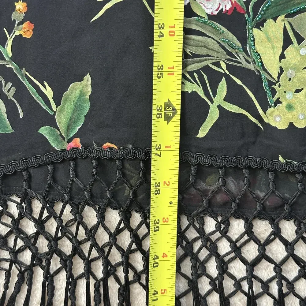 Kay Unger Silk Scarf Womens Black Chiffon Beaded Rose Floral Fringe 80